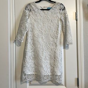 White shift dress with floral overlay